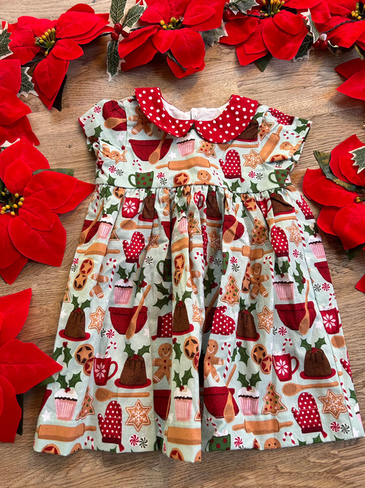 Gingerbread Cookies Dress with Red Polka Dot Peter Pan Collar (NEW) 18/24 Month - Ready to ship