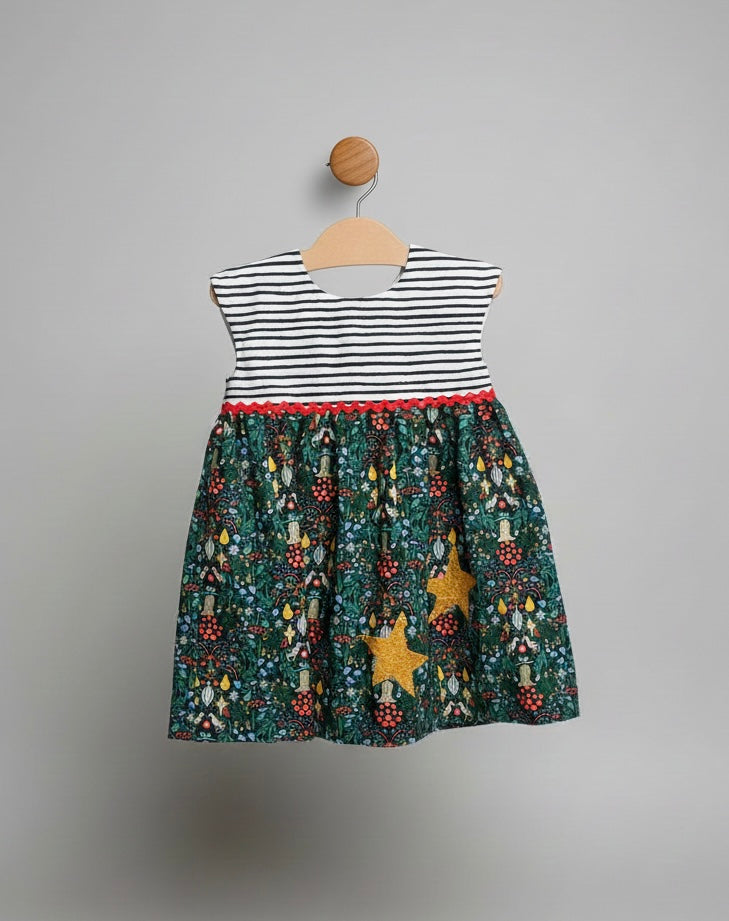 Handmade Holiday Dress – Size 2T | Woodland Christmas Dress | Striped Bodice + Festive Skirt