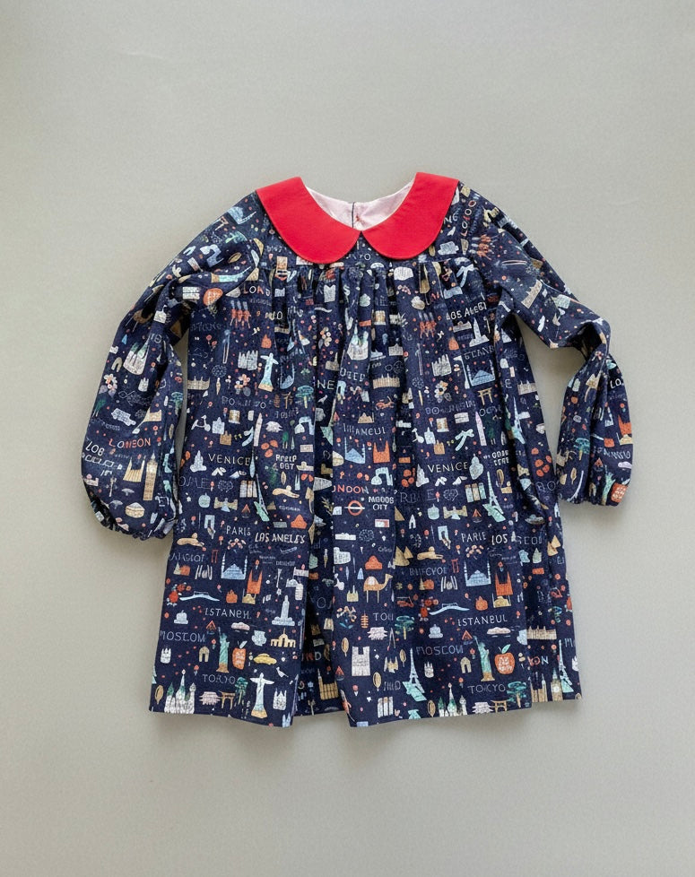 Little World Traveler Dress with Red Peter Pan Collar (MADE TO ORDER)