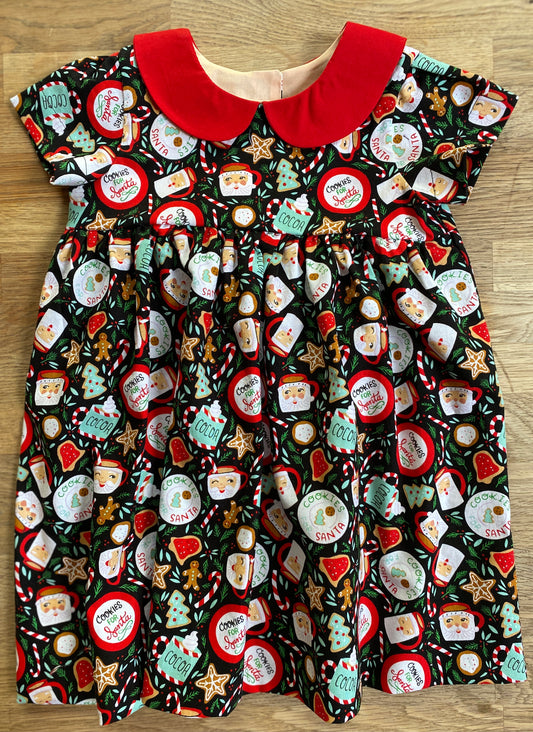 Festive Holiday Cookies Dress with Red Peter Pan Collar (SAMPLE) - 2t - Ready to Ship