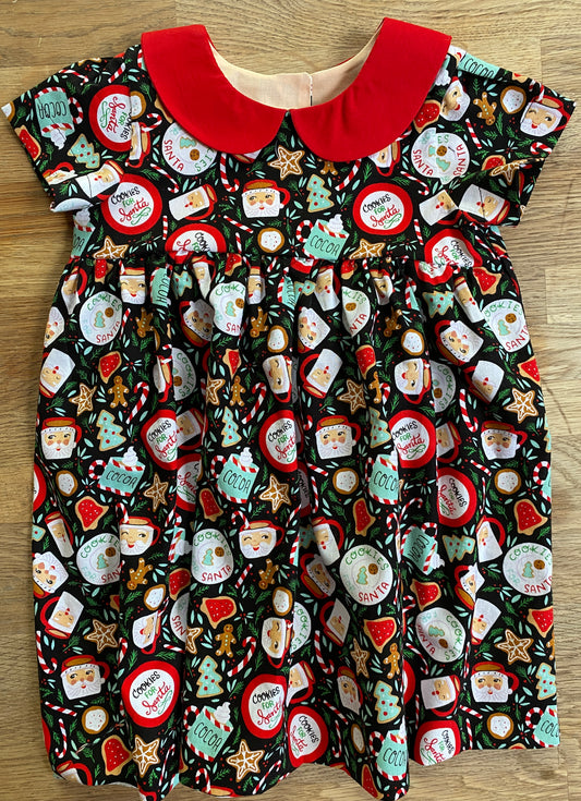 Festive Holiday Cookies Dress with Red Peter Pan Collar (SAMPLE) - 2t - Ready to Ship
