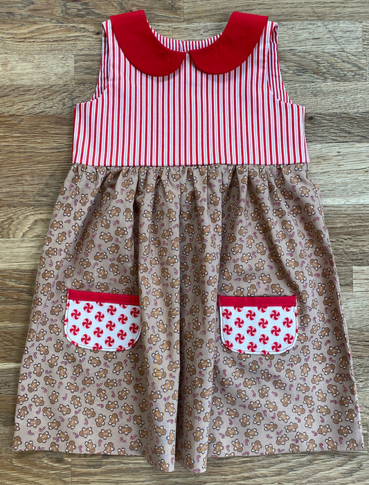 Gingerbread Dress with Red Striped Bodice, Contrasting Red Peter Pan Collar - 2t Ready to Ship
