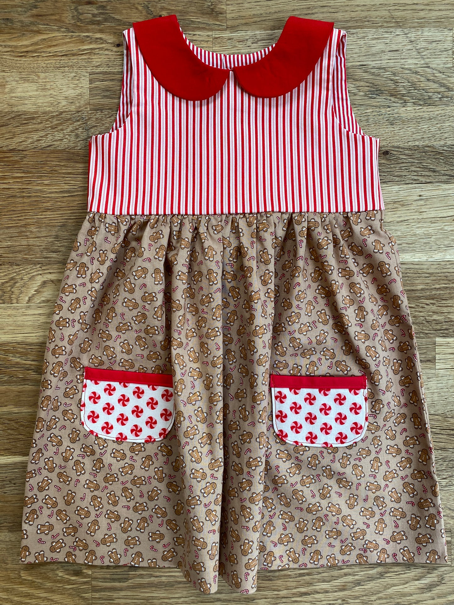 Gingerbread Dress with Red Striped Bodice, Contrasting Red Peter Pan Collar - 2t Ready to Ship