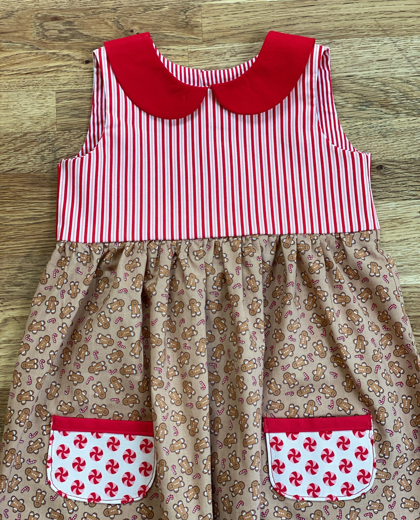 Gingerbread Dress with Red Striped Bodice, Contrasting Red Peter Pan Collar - 2t Ready to Ship