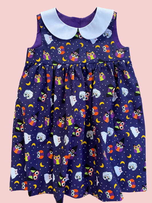 Purple Dress with owls & White Peter pan Collar