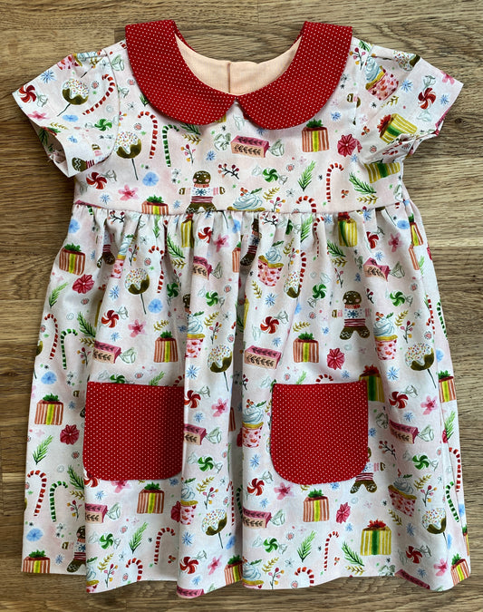 Pink Gingerbread Dress with Contrasting Red Peter Pan Collar and Matching Pockets (NEW) 2t