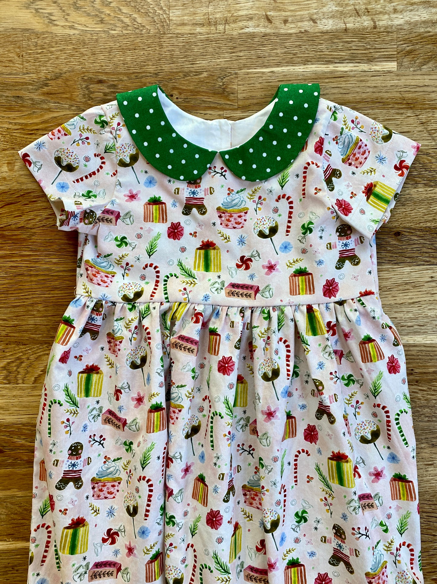 4t - Pink Gingerbread Dress with Green Polka Dot Collar (NEW) Ready to ship