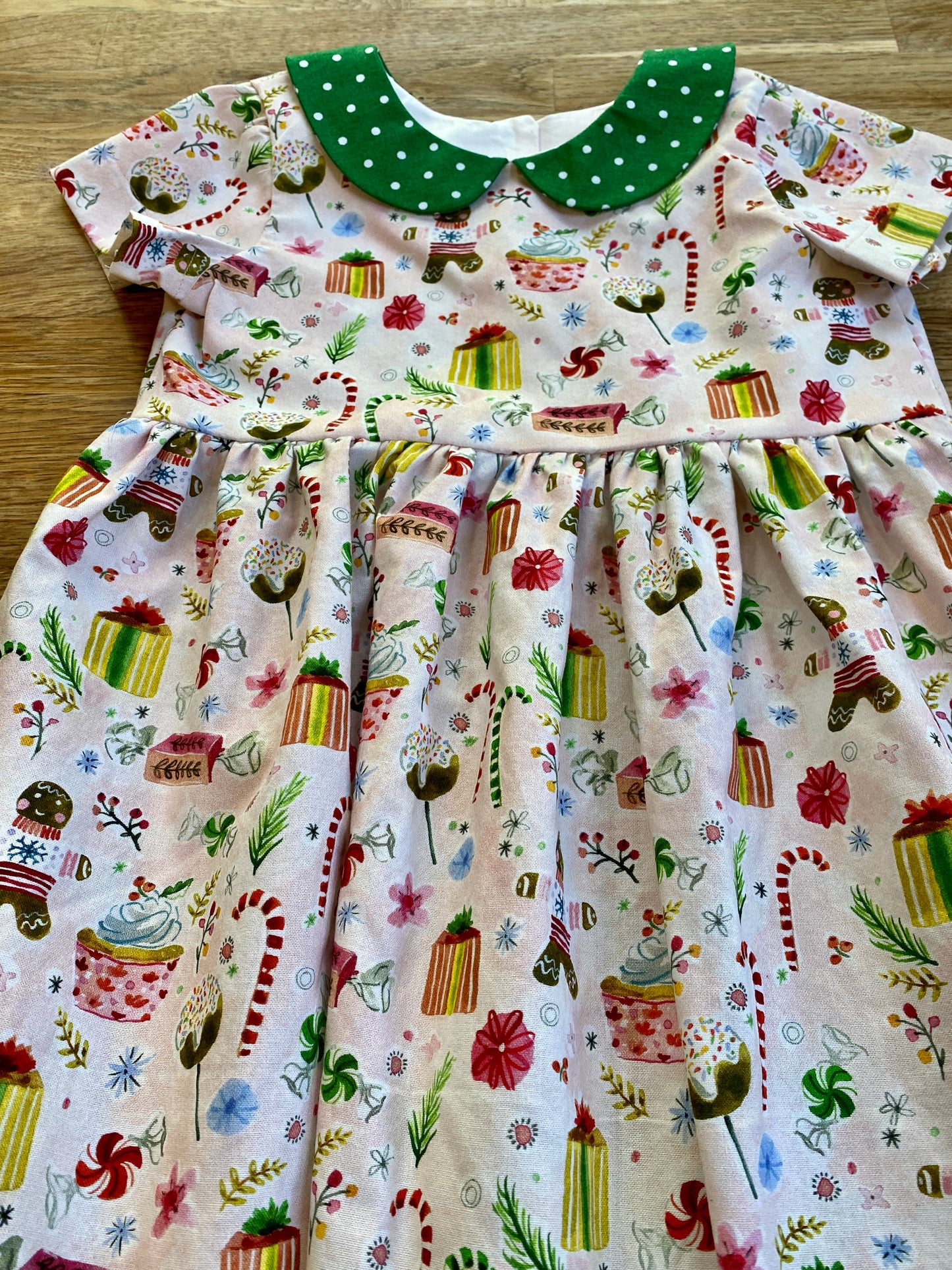 4t - Pink Gingerbread Dress with Green Polka Dot Collar (NEW) Ready to ship