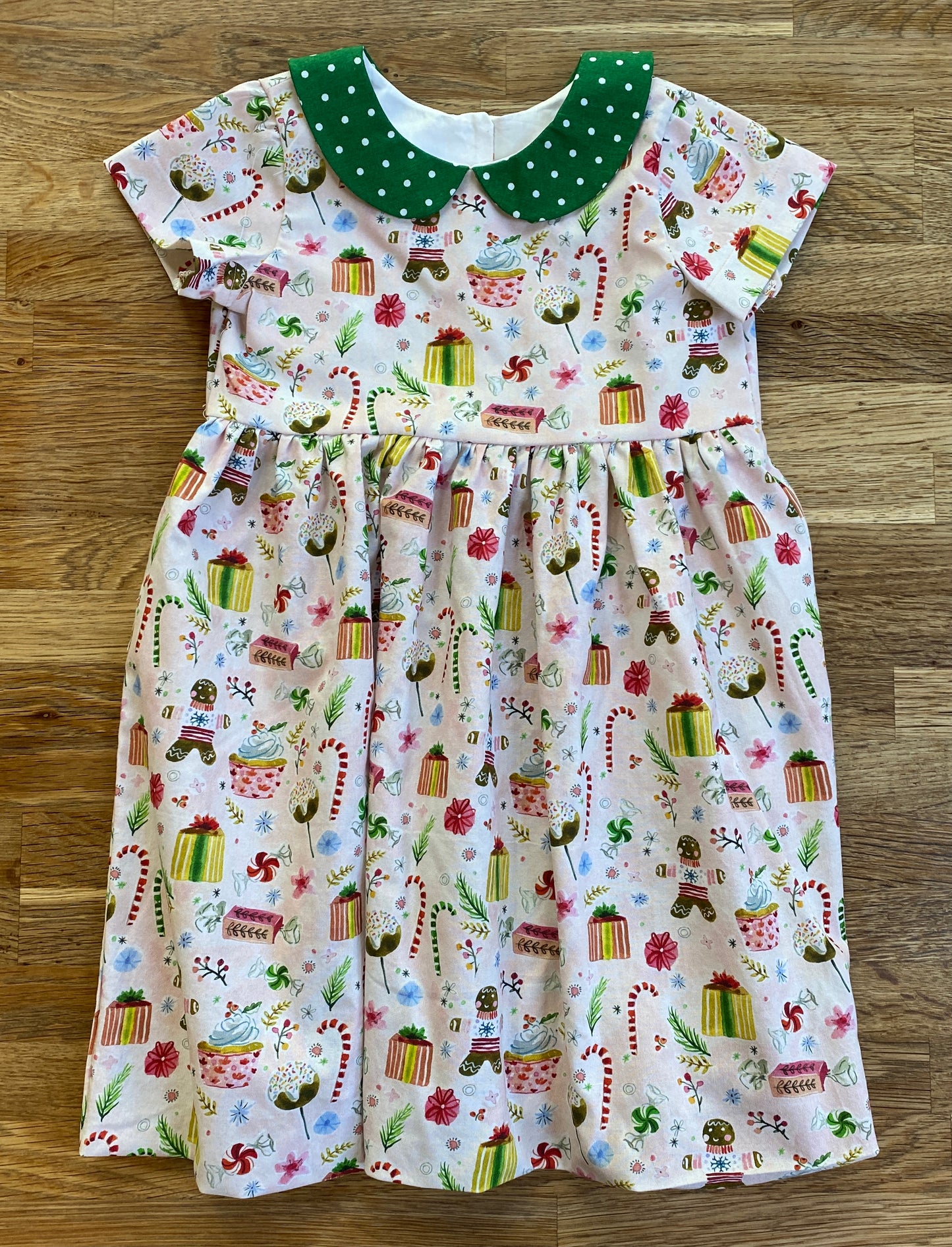 4t - Pink Gingerbread Dress with Green Polka Dot Collar (NEW) Ready to ship