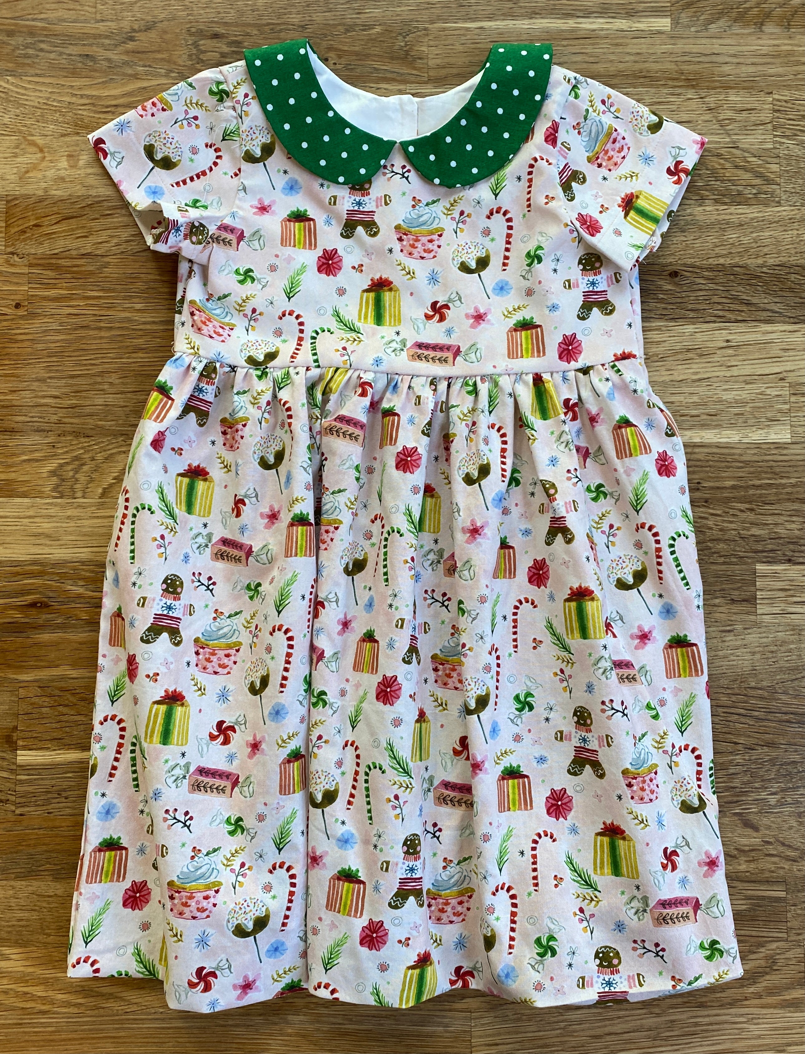 Pink Gingerbread Dress with Green Polka Dot Collar