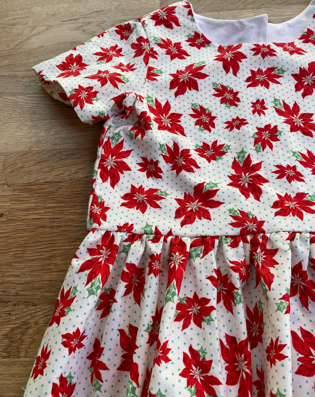 Red Poinsettia Dress with Light Blue Polka Dots (NEW) Size 7/8 - ready to ship