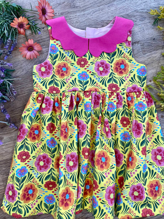 Pretty Yellow Flowers Dress with Hot Pink Collar (MADE TO ORDER)