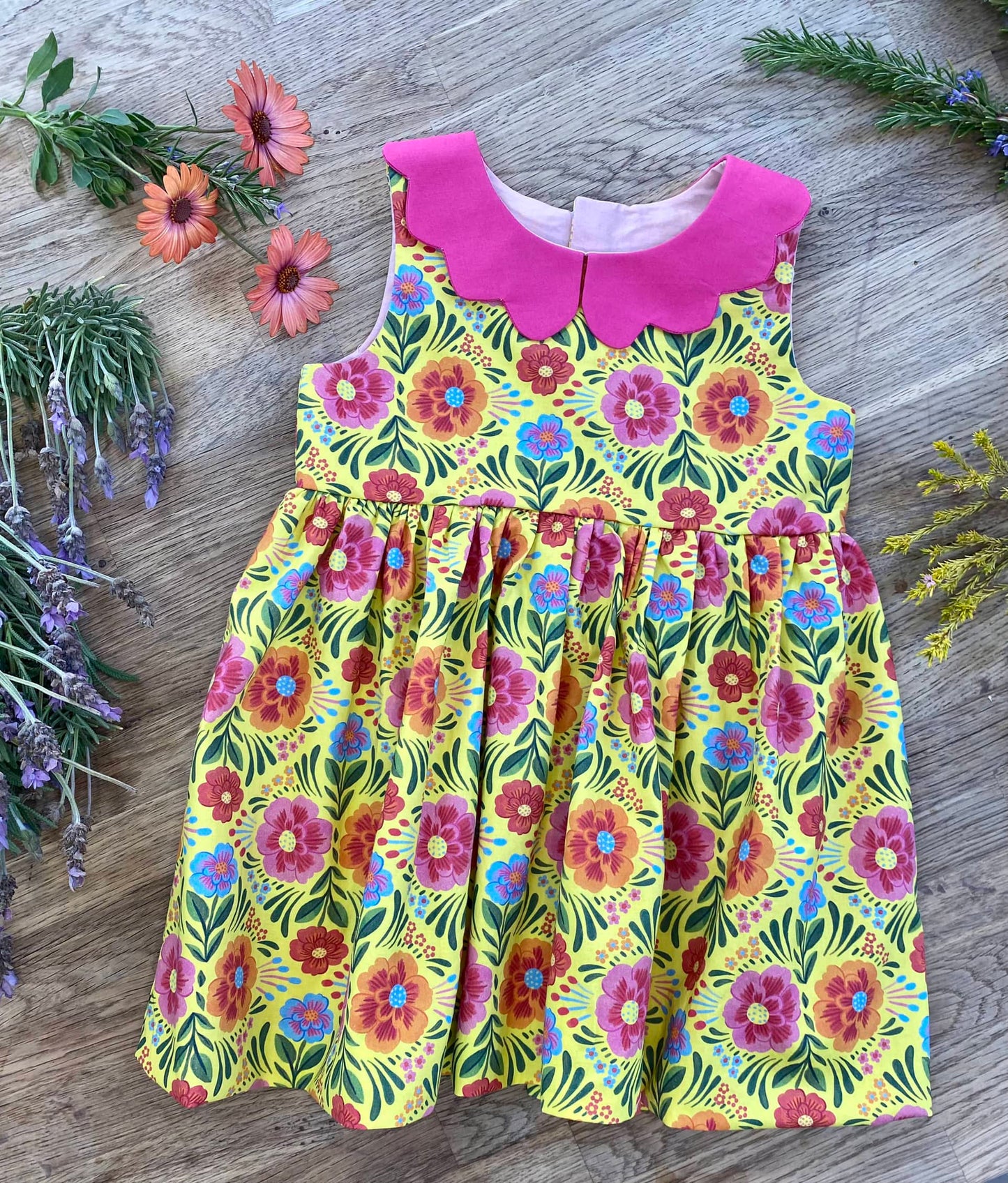 Pretty Yellow Flowers Dress with Hot Pink Collar (MADE TO ORDER)