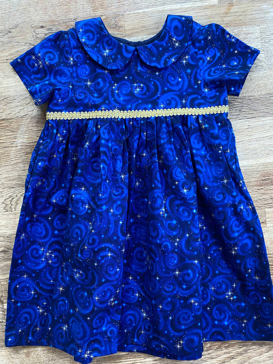 Magical Blue Stars Dress with Peter Pan Collar (New) - Size 3t