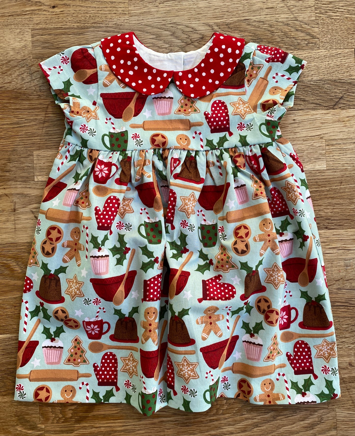 Gingerbread Cookies Dress with Red Polka Dot Peter Pan Collar (NEW) 18/24 Month - Ready to ship