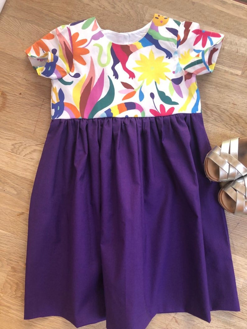 Mexican Inspired, Purple, Colorful Otomi Animals Dress (MADE TO ORDER)