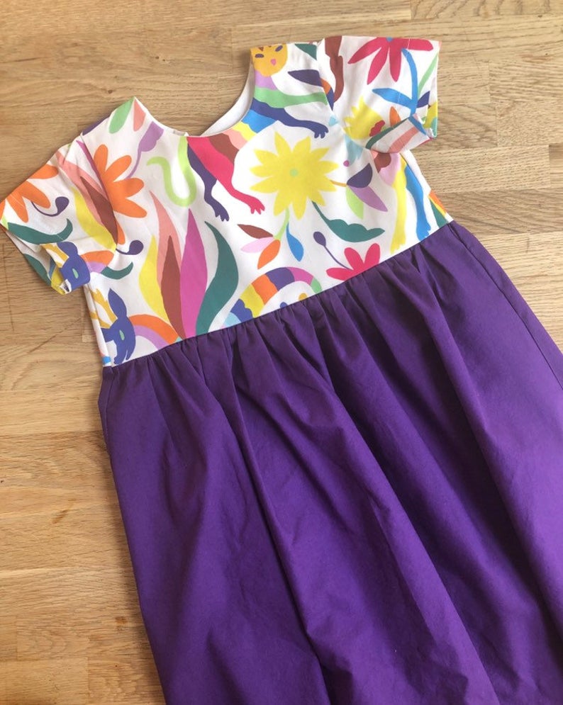 Mexican Inspired, Purple, Colorful Otomi Animals Dress (MADE TO ORDER)