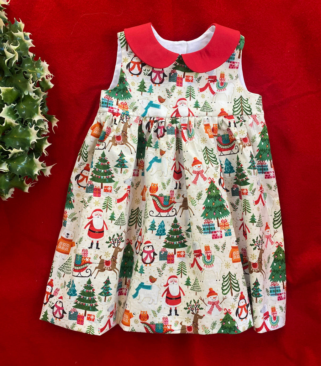 Festive Christmas Holiday Dress for Girls - Santa, Reindeer & Winter Friends Print with Red Collar | Size 4t