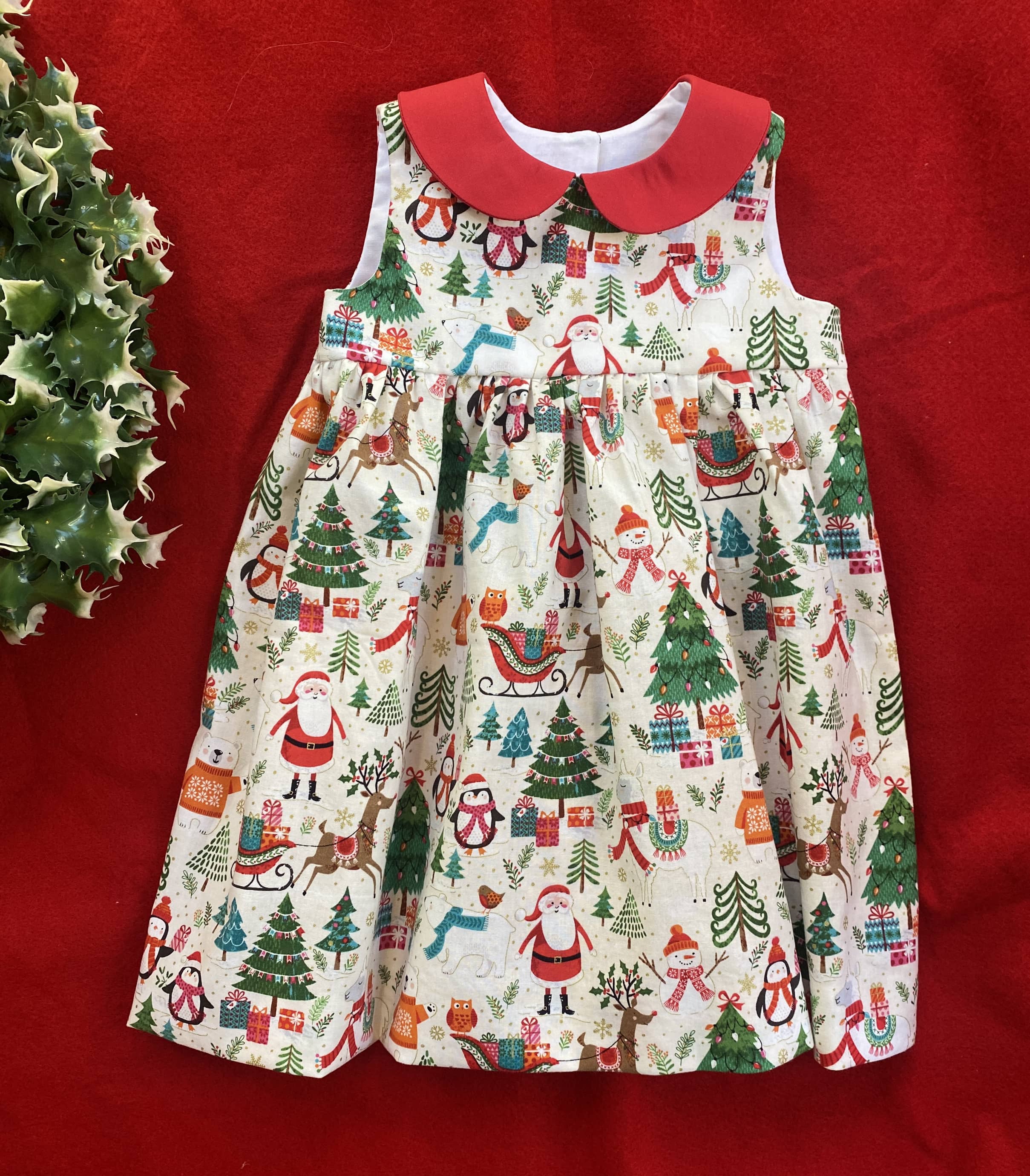 Festive Christmas Holiday Dress for Girls - Santa, Reindeer & Winter Friends Print with Red Collar | Size 4t