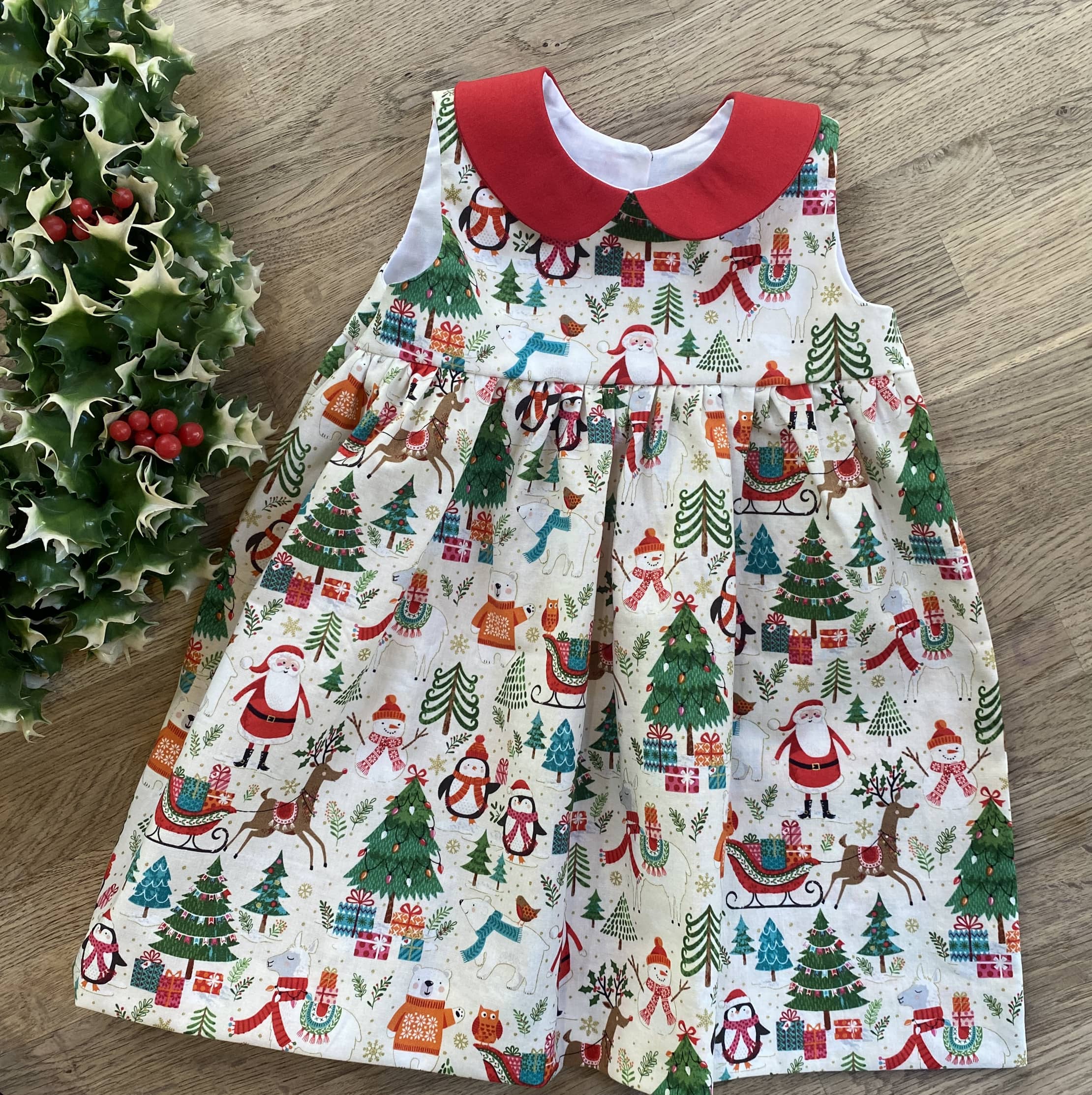 Festive Christmas Holiday Dress for Girls - Santa, Reindeer & Winter Friends Print with Red Collar | Size 4t