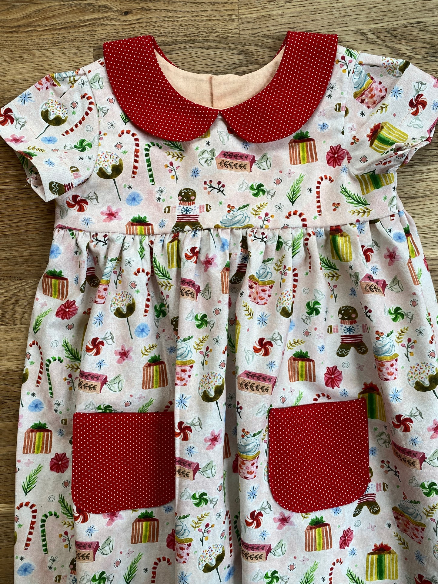 Pink Gingerbread Dress with Contrasting Red Peter Pan Collar and Matching Pockets (NEW) 2t