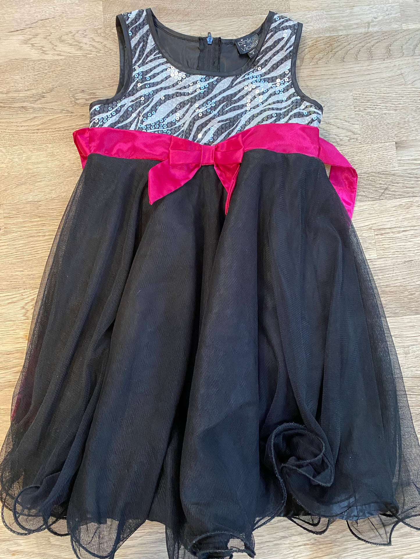 Black Sequin Dress with Hot Pink Sash (Pre-Loved) Size 6 - PInk & Violet