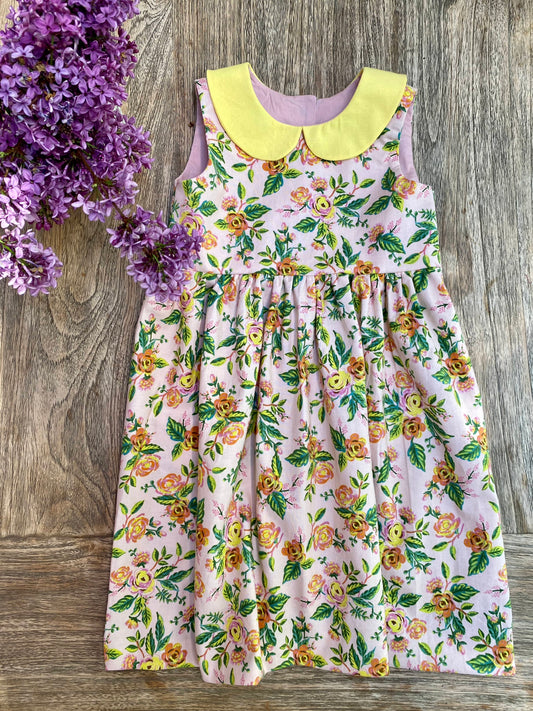 Pink Floral Dress with Yellow Peter Pan Collar 