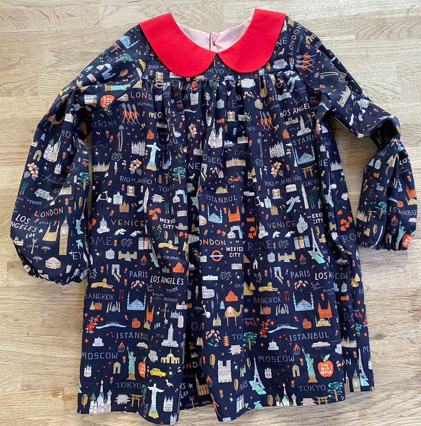 Little World Traveler Dress with Red Peter Pan Collar (MADE TO ORDER)